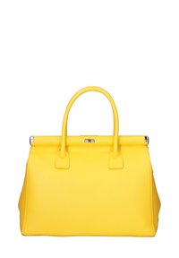 Borsa a mano in pelle gialla con un design strutturato, caratterizzata da due manici rotondi, una chiusura superiore e una superficie liscia.