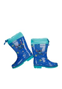 Modré voděodolné gumové holínky s světle modrým lemem, zdobené kreslenou postavičkou a vzorem hvězd na kosmickém pozadí.