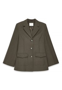 Blazer verde oliva con vestibilità tailored, rever a punta, tre bottoni e due tasche frontali, realizzato in tessuto testurizzato.