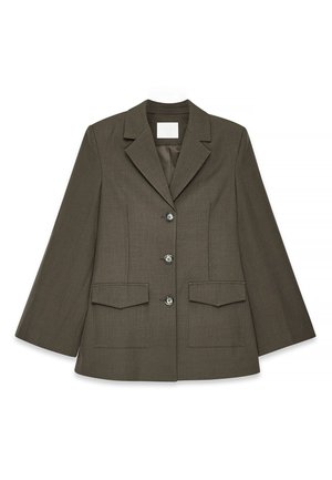 Olivgrüner Blazer mit taillierter Passform, Reverskragen, drei Knöpfen und zwei Fronttaschen, aus strukturiertem Stoff gefertigt.