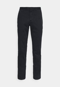Black trousers made of cotton, featuring a straight-leg design, button closure, and subtle texture, with no visible patterns or hardware.