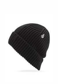 Zwarte gebreide beanie met ribbeltextuur en een omgeslagen rand. Heeft een klein wit logo-accent aan de zijkant. Zacht, rekbaar materiaal.