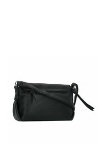 Bolso cruzado de cuero negro con un acabado texturizado, bolsillo frontal con cremallera y correa ajustable. Forma rectangular compacta.