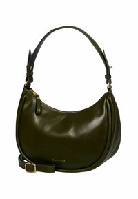 Bolso de mano en forma de media luna de cuero verde oliva con correa ajustable, cremallera dorada y logo "Burkely" en la parte frontal.