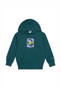 Felpa con cappuccio di colore verde acqua e tasca. Presenta una stampa grafica di un volto da supereroe con occhiali gialli su uno sfondo blu. Logo Champion sulla manica.