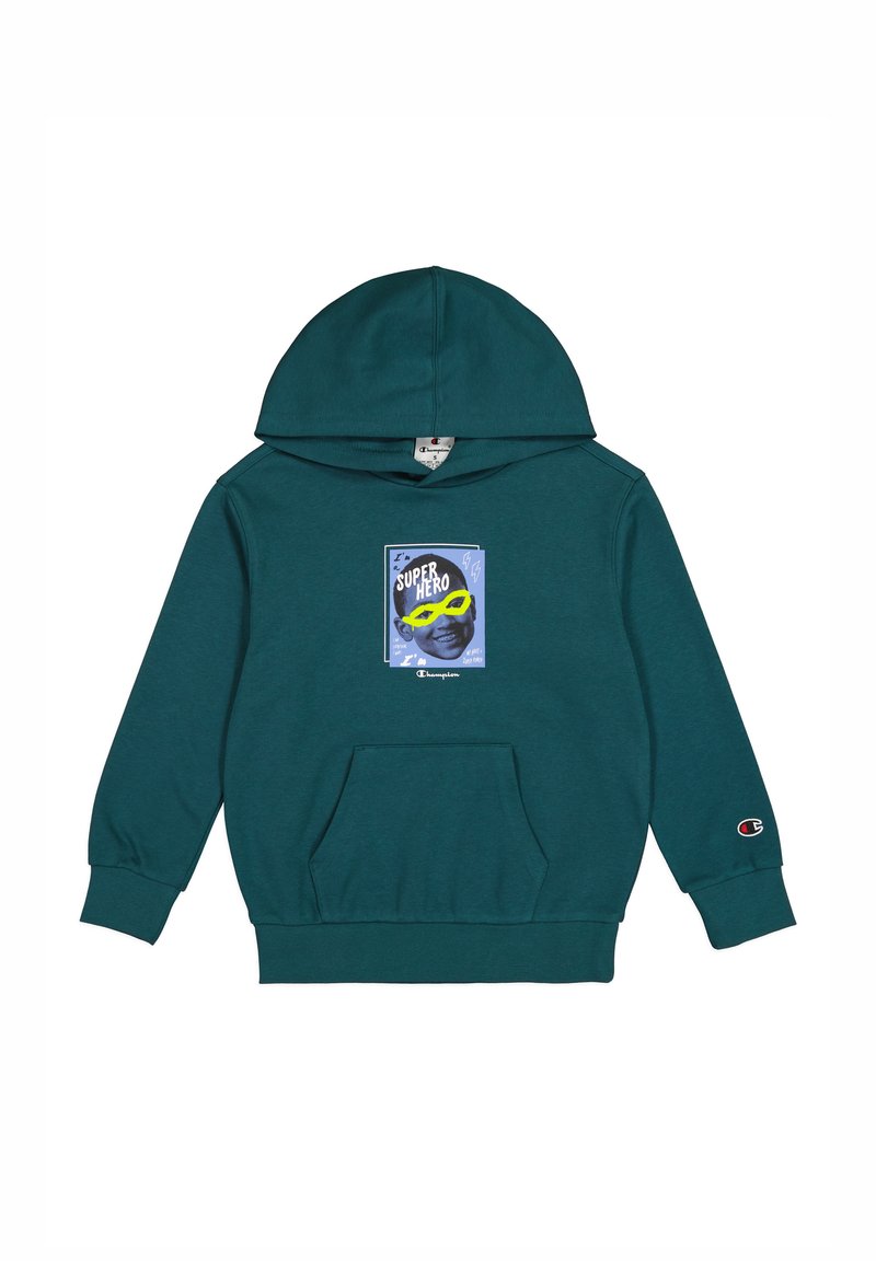 Felpa con cappuccio di colore verde acqua e tasca. Presenta una stampa grafica di un volto da supereroe con occhiali gialli su uno sfondo blu. Logo Champion sulla manica.