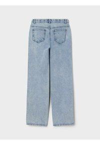 Ljusblå denim jeans med vida ben och hög midja, med två bakfickor och en rak fåll. Mjuk textur och avslappnad design.