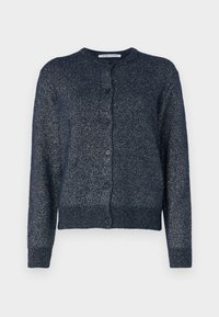 Námorně modrý cardigan s kruhovým výstřihem, dlouhými rukávy, zapínáním na knoflíky a měkkým, texturovaným materiálem s jemným leskem.