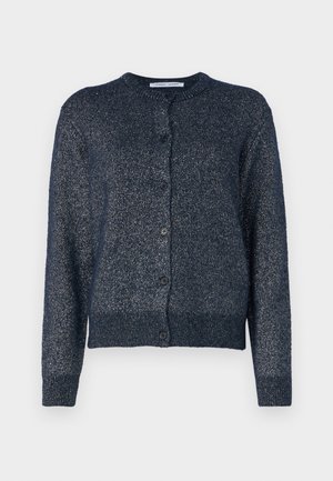 Mørkeblå cardigan med rund hals, lange ermer, knappeåpning og et mykt, strukturert stoff med en subtil glans.