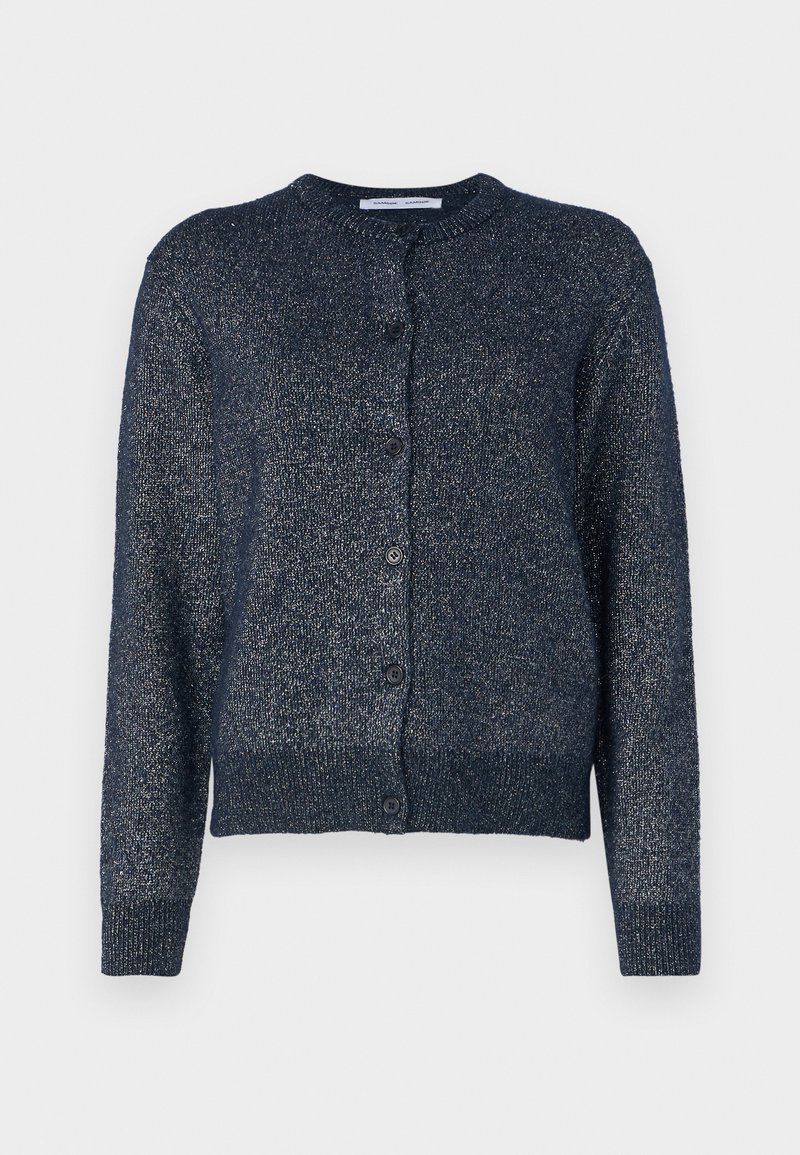 Marineblauer Cardigan mit Rundhalsausschnitt, langen Ärmeln, Knopfverschluss und einem weichen, strukturierten Stoff mit einem dezenten Schimmer.