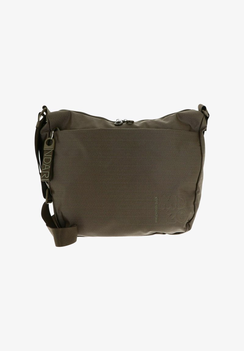 Sac crossbody rectangulaire de couleur olive avec une bandoulière réglable, poche zippée à l'avant et logo "INDARI" sur le tirette de la fermeture.