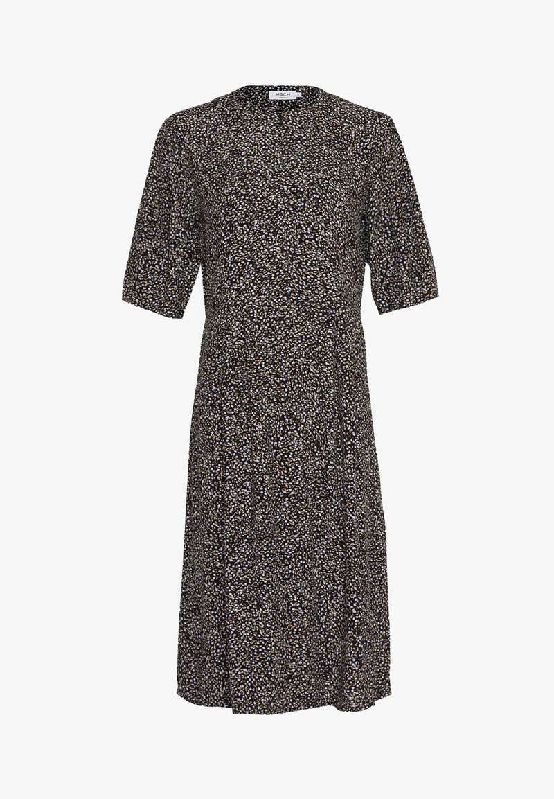 Robe midi noire à manches courtes, col rond, avec un petit imprimé floral blanc et beige.