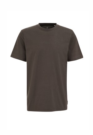 Tmavě hnědé bavlněné tričko s kulatým výstřihem, krátkými rukávy a textem "BLUE RIDGE" raženým na přední straně. Jednoduchý, klasický design.