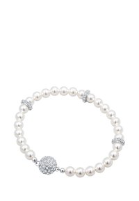 Perlenarmband mit weißen Perlen, die abwechselnd mit silbernen Akzenten und einem runden, verzierten Mittelpunkt für zusätzliche Details gestaltet sind.