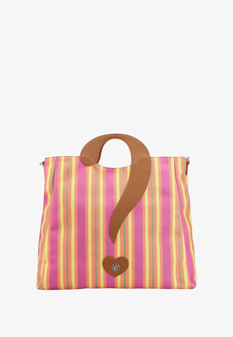Borsa a tracolla a righe nei colori rosa, giallo e verde; presenta un manico in similpelle marrone e un dettaglio con logo a forma di cuore sul fondo.