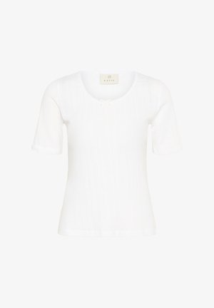 White ribbed short-sleeve top made from soft material. Features a scoop neck and a small bow accent at the center front.