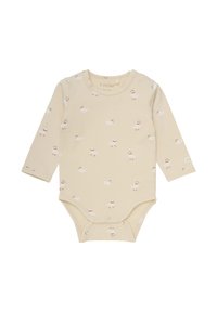 Bodysuit pour bébé à manches longues couleur crème avec un motif de canard. Doté de pressions au bas et d'un tissu doux et extensible.