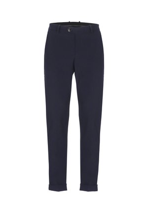 Pantaloni blu navy realizzati in tessuto intrecciato, design affusolato con chiusura a bottoni, dotati di tasche frontali e orli arrotolati.