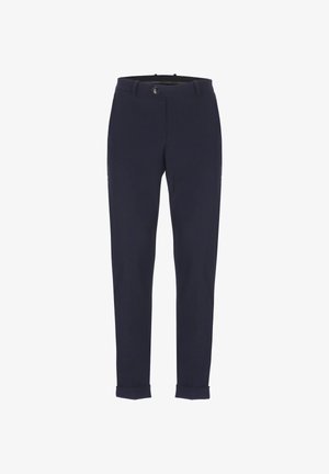 Pantaloni blu navy realizzati in tessuto intrecciato, design affusolato con chiusura a bottoni, dotati di tasche frontali e orli arrotolati.