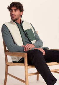 Fleece vest with cream and green panels, zip closure, and front pocket. Worn over a textured gray long-sleeve shirt and black pants.