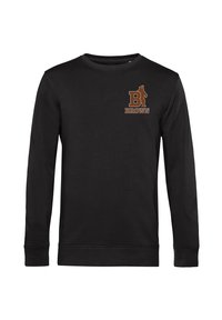 Pullover nero a maniche lunghe con collo girocollo. Presenta una grafica marrone con un orso e il testo "BROWN" sul lato sinistro del petto. Texture liscia.