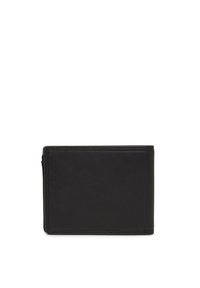 Black leather wallet with a smooth texture, bi-fold design, and stitching along the edges. Features a zippered compartment.