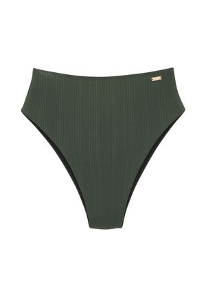 High-waisted bikini bottom in dark green ribbed fabric, featuring a seamless design and a small metal accent on the side.