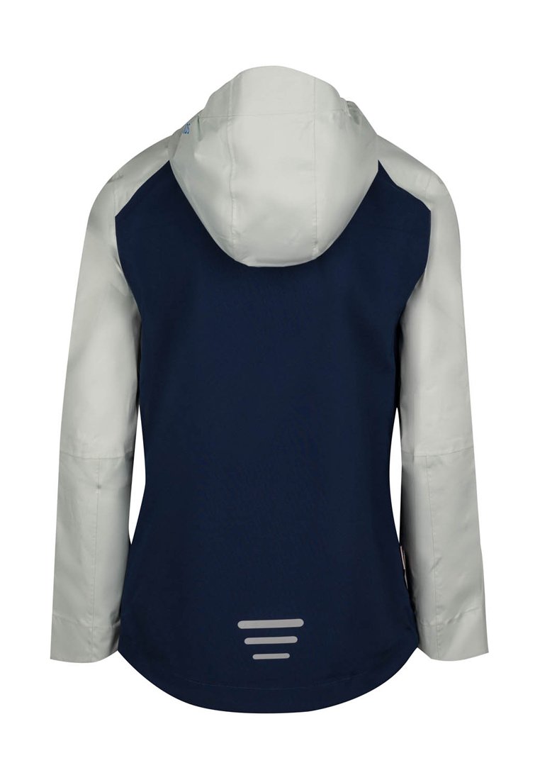 Wasserdichte Jacke mit einem dunkelblauen Körper und hellgrauen Ärmeln. Enthält eine Kapuze und reflektierende Akzente auf dem Rücken.