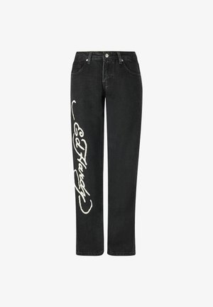Jean en denim noir à coupe droite, avec un grand texte graphique blanc sur la jambe gauche. Comprend un design à cinq poches et une fermeture à bouton.