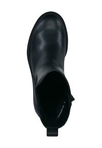 Black leather ankle boot with a rounded toe, smooth texture, and side zipper. Includes a pull tab at the heel for easy wear.