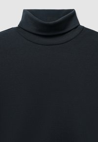 Schwarzes Turtleneck-Oberteil aus glattem, elastischem Stoff. Mit einem hohen Kragen und taillierter Passform. Keine sichtbaren Muster oder Akzente.