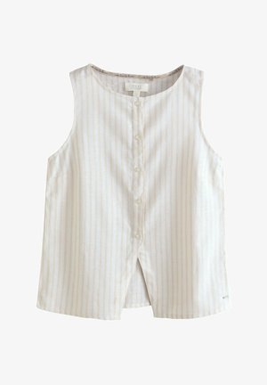 Ujjatlan világos bézs felső vékony fehér csíkokkal, elöl gombos záródással, kerek nyakkivágással és oldalsó résekkel az alján.