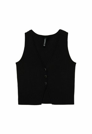 Gilet en tricot sans manches noir avec un col en V, comportant trois boutons noirs à l'avant et un détail décoratif fendu à l'ourlet inférieur.