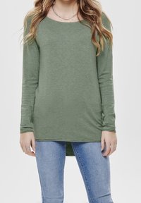 Grön långärmad tröja med rundad halsringning, avslappnad passform och en något längre bakre nederdel, tillverkad av en mjuk bomullsblandning.