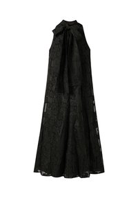 Zwarte jurk met bloemenpatroon, hoge kraag en gestrikt detail. Vloeiende, gestructureerde stof met een uitlopende silhouet. Mid-lengte ontwerp.