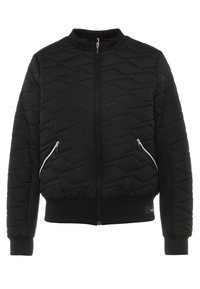 Svart vadderad jacka med rund krage, framdragkedja, två fickor med dragkedja på sidorna och ribbade muddar. Har ett subtilt diamantmönster.