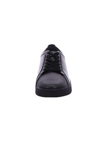 Black leather sneaker with a smooth finish, lace-up design, rounded toe, and textured rubber sole. No visible logos or embellishments.