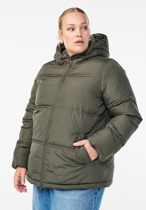 Olive green puffer jacket with a hood, zip closure, side pockets, and seam detailing. Made from a smooth, textured fabric.