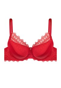 Red lace bra featuring a textured fabric, scalloped edges, underwire cups, and adjustable shoulder straps. Center detail with a small metallic accent.