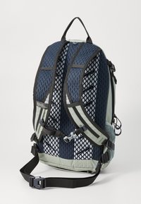Rucksack mit einem navyblauen Netzaußenmaterial und hellgrünen Akzenten, ausgestattet mit verstellbaren Trägern, zweilagigem Netz und einem Griff oben.