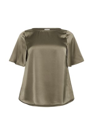 Top corto a maniche corte di colore verde oliva, realizzato in tessuto liscio e lucido. Caratterizzato da un collo rotondo e una vestibilità morbida con orlo leggermente curvo.