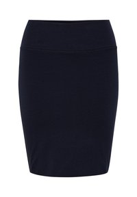 Námořnicky modrá tužková sukně vyrobená z měkkého, elastického materiálu. Má vysoký pas a hladký povrch bez viditelných kovových detailů.
