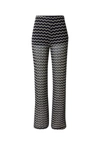 Gebreide broek met een zigzagpatroon in marineblauw en crème, flared pijpen, hoge tailleband, gestructureerde stof en elastische taille voor comfort.