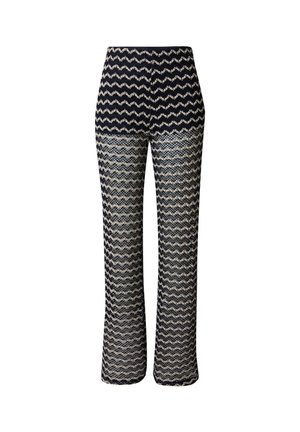 Gebreide broek met een zigzagpatroon in marineblauw en crème, flared pijpen, hoge tailleband, gestructureerde stof en elastische taille voor comfort.