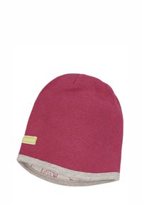 Beanie-Mütze aus burgunderrotem Wollmix mit einem grauen Baumwollrand. Ausgestattet mit einem kleinen gelben Etikett mit der Aufschrift "proud" an der Seite. Gesamte Oberfläche mit glatter Textur.