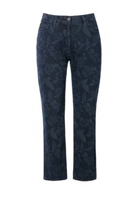 Tmavě modré džíny s květinovým vzorem. Denimový materiál, rovný střih nohavic, styl s pěti kapsami, přední zapínání na knoflík a zip.