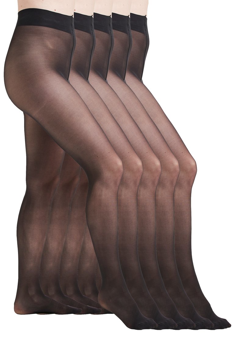 Schwarze Strümpfe, die in einem wiederholenden Muster präsentiert werden, aus transparentem Material, mit glatter Textur und verstärktem Zehenbereich für Langlebigkeit.