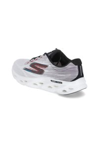 Skechers running shoe featuring a lightweight gray mesh upper, black accents, white cushioned sole with ventilation holes, and lacing system.