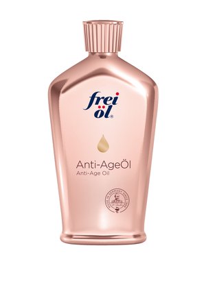 Frei Öl Anti-Age Oil in a metallic rose gold bottle with ribbed cap, labeled Made in Germany, skincare product for aging skin.