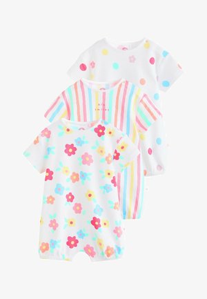 Tri krátke detské body s krátkym rukávom s rebrovanou textúrou: kvetinová potlač, farebné vertikálne pruhy s textom „big smiles“ a farebné bodky.